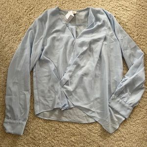 New Everly blouse long sleeve shirt wrap asymmetrical sheer blue small